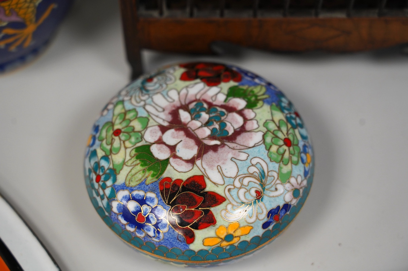 A Chinese birdcage, cloisonné enamel vase and circular box and cover, tallest 39cm. Condition - fair to good